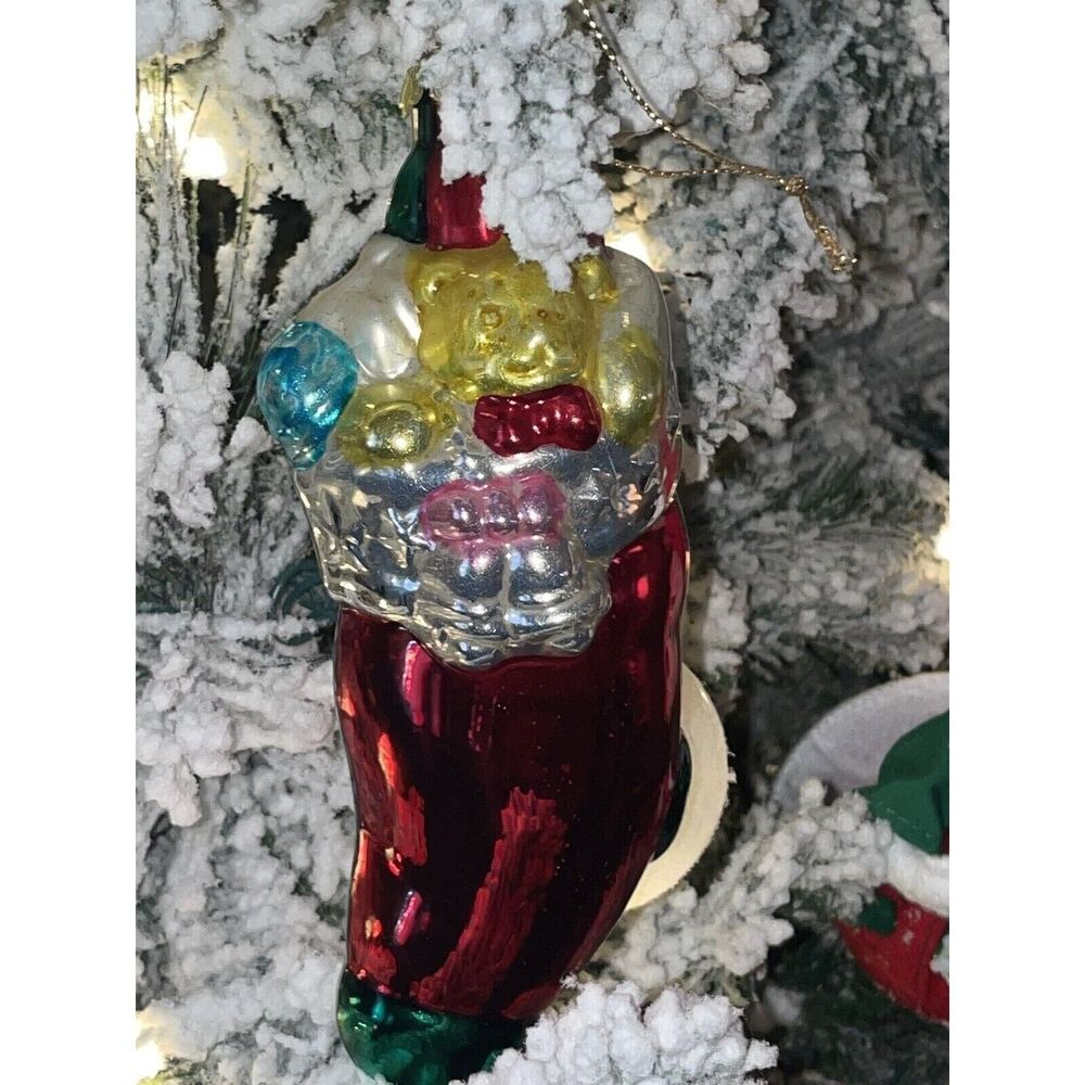 Vintage GK Brand Teddy Bear with Presents Glass Stocking Christmas Ornament 5.5"